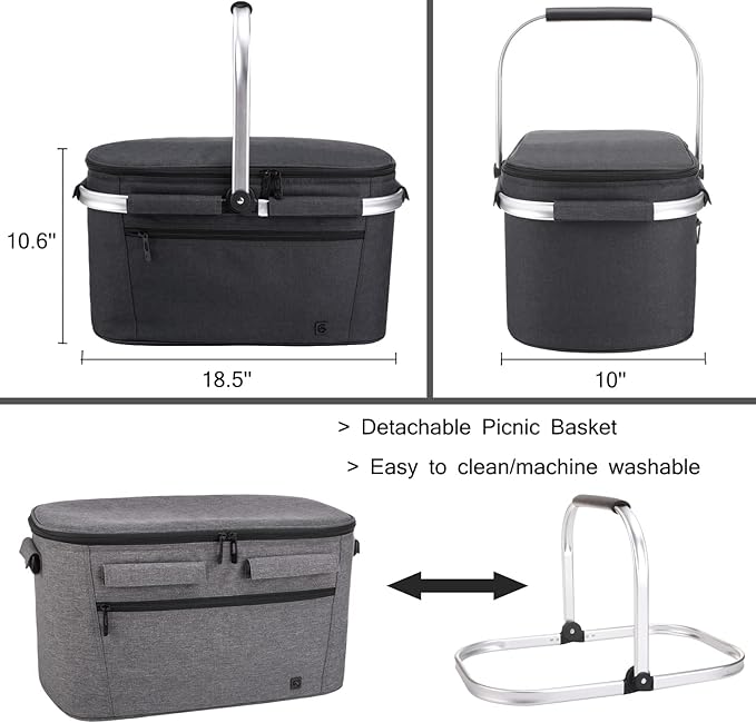 ALLCAMP Picnic Basket - 32L Insulated Cooler, Thickening Foldable Picnic Basket with Removable Baskets & Sewn-in Frame, Basket for House Warming Gifts New Home(Jet Black)