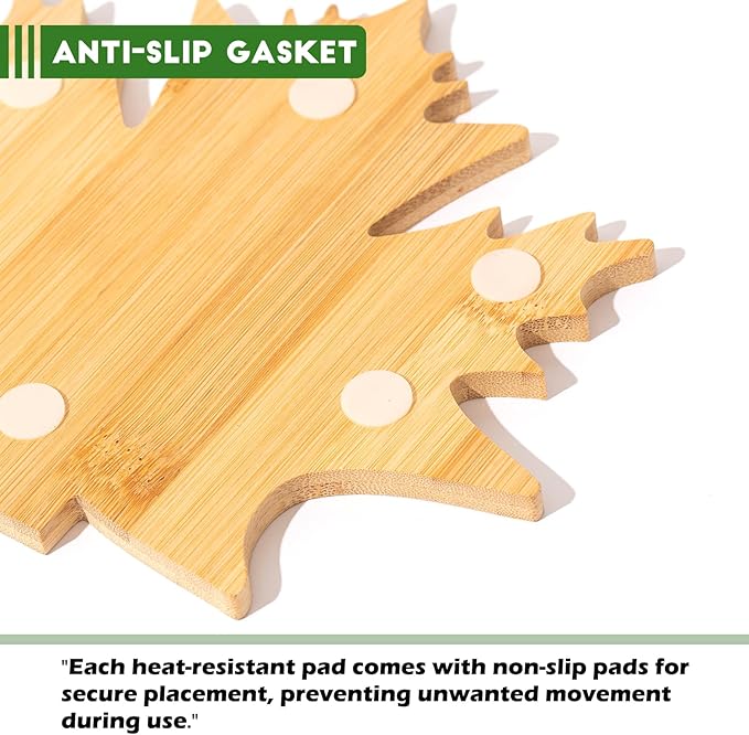 Bamboo Trivets for Hot Dishes, Pots & Pans - 4 Large + 2 M Heat Resistant Pot Holders Trivet Set with Maple Leaf Design, Non-Slip for Kitchen Countertops & Dining Table (Natural Materials)
