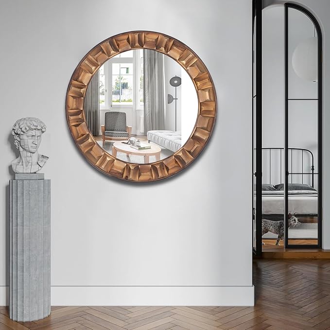 30 Inch Round Wood Mirror for Wall, Circle Decorative Mirror with Solid Wood Frame, Rustic Hanging Mirror for Bathroom, Entryway, Bedroom or Living Room