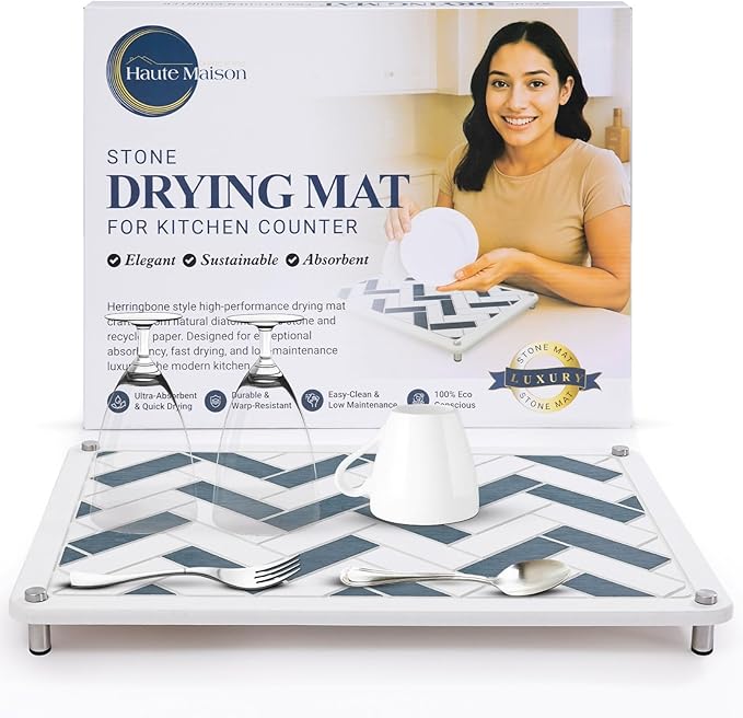 Stone Drying Mat For Kitchen Counter | 15.8"L x 11.9"W Stone Dish Drying Mat in Luxurious Herringbone | White & Grey Stone Drying Mat | Fast Drying Stone Sink Mat | Rapid Drying