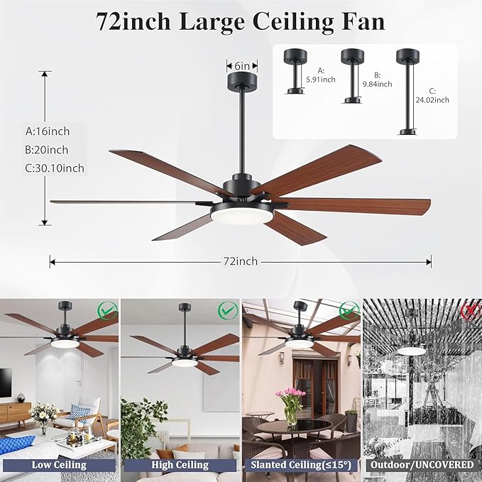 72 inch Ceiling Fans with Lights and Remote Control,Indoor/Outdoor Low Profile Flush Mount Commercial Dimmable Reversible Wood Grain Ceiling Fans for Living Room Patio Shop Industrial.