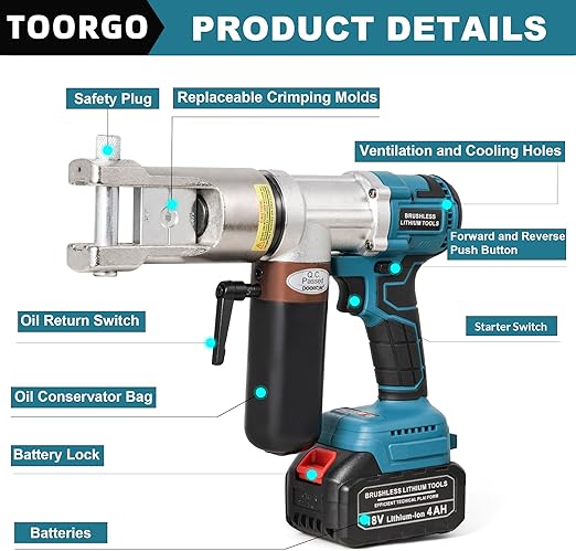 Electric Hydraulic Cable Lug Crimping Tool, 8 AWG to 500 MCM Terminal, Cable, Wire Electric Crimper Tool Kit, Cordless and Portability Battery Crimp Tool Kits with 11 Dies