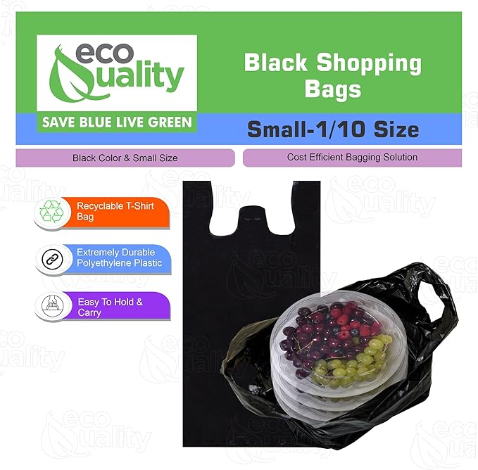 EcoQuality Plastic Black T-Shirt Bags 6000ct, 1/10 Shopping Bags, Grocery Bags, Poly Bags, Multi-Use, Small Size, Reusable Carry Out Bags (8x4x16 in.) (13 Micron)