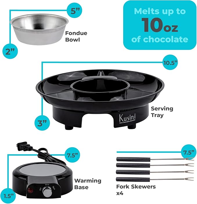 Kusini Electric Fondue Pot Set - Chocolate Fondue Kit - Temperature Control, Detachable Serving Trays, & 4 Roasting Forks - Gift Set & Date Night Idea. Serve at Movie Night or Game Night.
