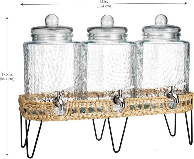 1.5 Gallon Glass Drink Dispenser for Parties 3 PACK Beverage Dispensers with Stand, Glass Water Jug Dispenser, with 18/8 Stainless Steel Spigot, Great for Party, Wedding, Picnic, BBQ Wicker Design