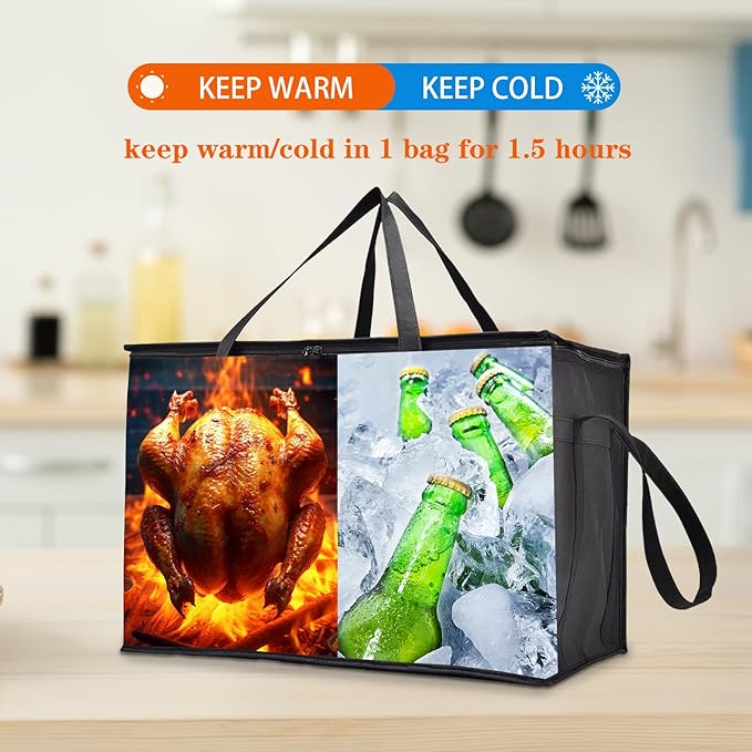4-Pack Insulated Food Delivery Bags – 2 XXXL & 2 XL Reusable Hot & Cold Thermal Bags with Removable Base Plates – Catering, Pizza Delivery, Grocery & Travel
