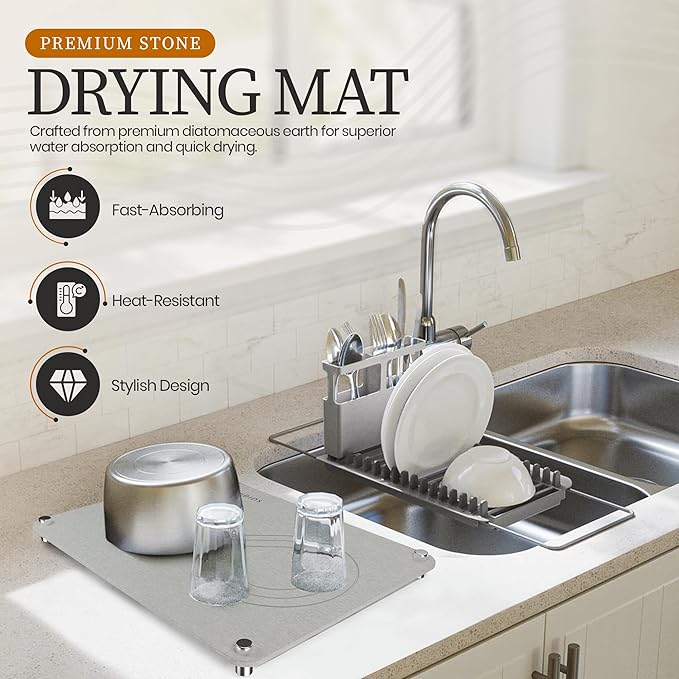 Diatomaceous Earth Stone Drying Mat For Kitchen Counter with Activated Charcoal Bags - Quick Drying Super Absorbent Diatomite Dish Drying Mat with Non-Slip Feet (15.6" x 11.6")