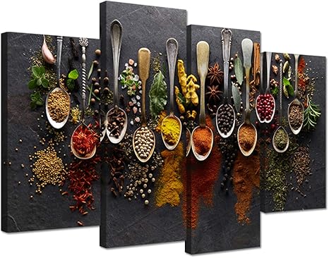 iHAPPYWALL Kitchen Pictures Wall Decor 4 Pieces Couful Spice in Spoon Vintage Canvas Wall Art Food Photos Painting On Canvas Stretched Framed Home Decoration Gift Ready to Hang