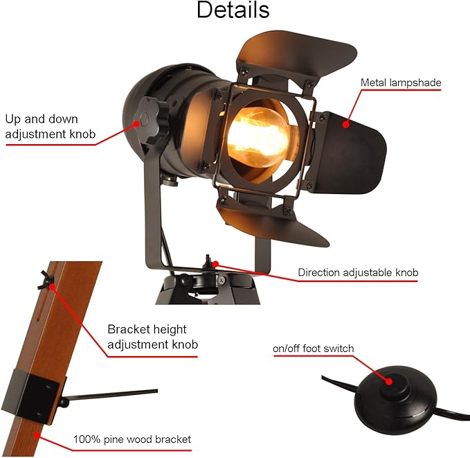 Decoluce Vintage Tripod Floor Lamp, Height Adjustable Wooden Camera Tripod Rotatable Spotlight Tall Standing Light, Nostalgic Cinema Lamps for Living Room, Bedroom, Studios Decor(Black)