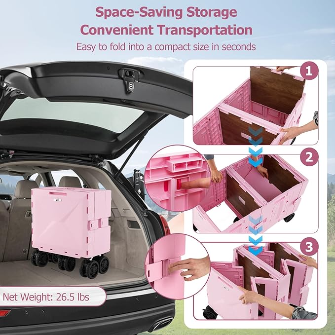 Goplus Large Foldable Utility Cart w/ 2-Tier Storage Crates, 5 Rotate Wheels, Metal Telescoping Handle, Portable Rolling Trolley Collapsible Cart for Grocery Shopping Camping & Travel (Pink)
