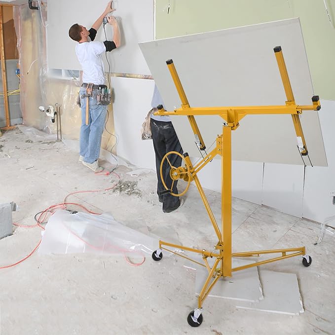 Winado 16 FT Drywall Lift Panel Rolling Hoist Jack Lifter Sheetrock, Drywall Lifting Construction Tools Caster Wheel with Adjustable Telescopic Arm, Yellow