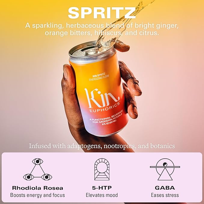 Kin Euphorics Kin Spritz Non-Alcoholic Functional Beverage | Invigorating Booster | Adaptogen & Nootropic Drink | Rhodiola Rosea, 5-HTP, GABA | Ready to Drink | 8 Fl Oz (16pk)