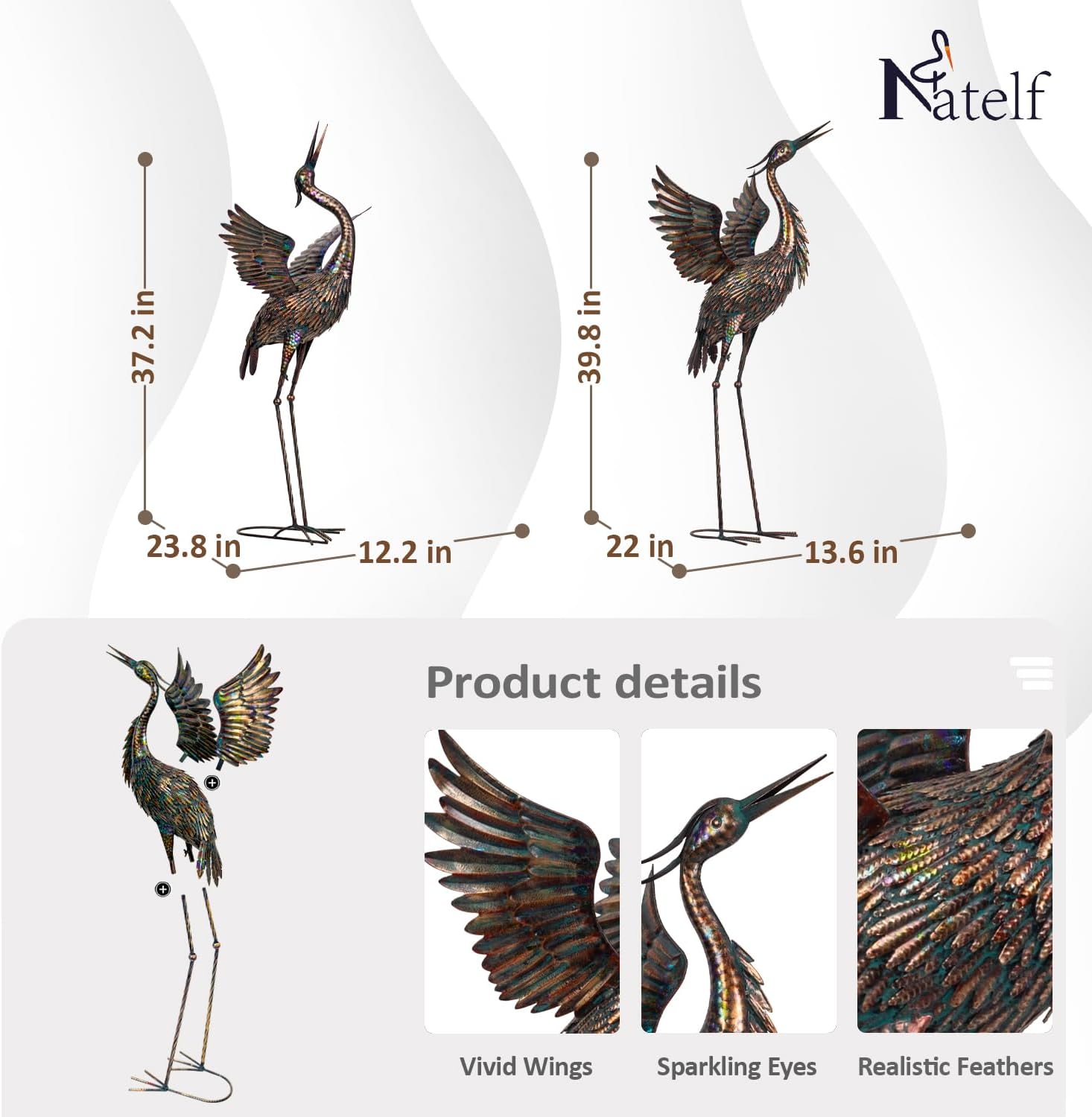 Natelf Garden Crane Statues, Outdoor Large Bird Yard Art Decorations Metal Lawn Ornament for Home Patio Porch Backyard Decorations(Set of 2)