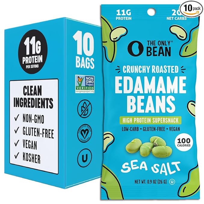 The Only Bean Crunchy Dry Roasted Edamame Snacks (Sea Salt), Keto Snack Food, High Protein (11g) Healthy Snacks, Asian Japanese Snack Gluten Free Lunch Vegan Food 100 Calorie Snack Pack, 0.9oz 10 Pack