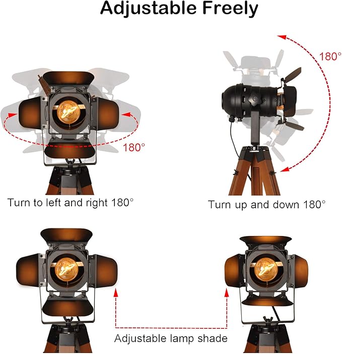 Decoluce Vintage Tripod Floor Lamp, Height Adjustable Wooden Camera Tripod Rotatable Spotlight Tall Standing Light, Nostalgic Cinema Lamps for Living Room, Bedroom, Studios Decor(Black)