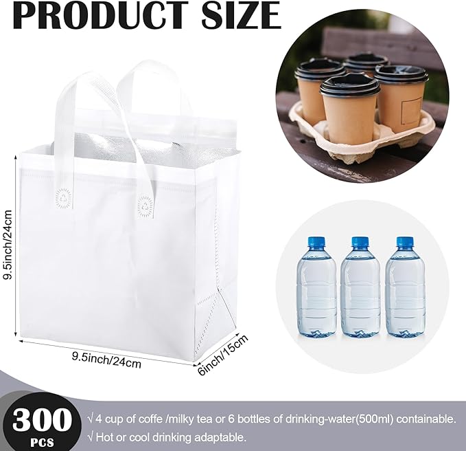 300 Pcs Insulated Take Away Bags Bulk Thermal Insulation Food for Coffee Milk Tea Hot Cold Food Fresh Seafood Cooler Pizza Delivery Bags for Catering Restaurant Grocery(White)