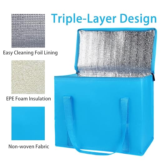 4-Pack Insulated Reusable Grocery Shopping Bag, X-Large Frozen Food Cold, Bodaon Cooler Bags with Zippered Top, Insulated Food Delivery Bag, Blue