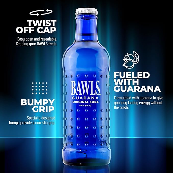 BAWLS Guarana Original - Guarana Fueled Soda for Energy, High Energy Caffeinated Drink, 10oz 24 Pack Glass Bottles