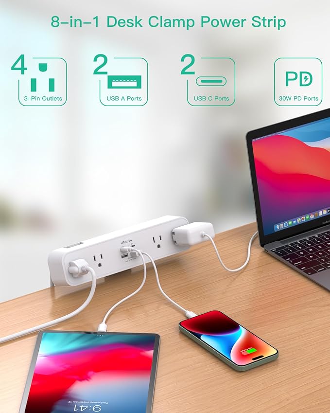 PD30W Desk Clamp Power Strip, Desktop Mount Surge Protector, Fast Charging Station, 5Ft Extension Cord Desk Edge Mount Shelf with 4 Outlets 4 USB Ports (2 USB C), Home Office Accessories Essentials