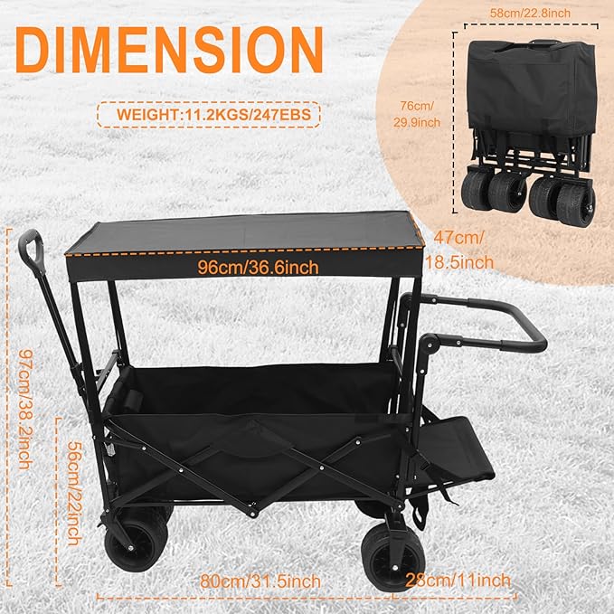 Nice C Collapsible Wagons Carts Foldable, Push Wagon, Stroller Wagons, Wagon with Canopy, Grocery Cart on Wheels, 42.5'' L Up to 440LBS, All-Terrain Wheels with Handle&Push Bar (Stroller, Black)