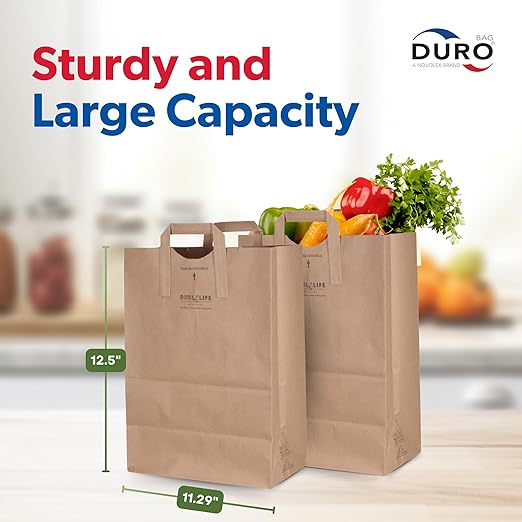 Duro 70# Large Brown Paper Bags with Handles Bulk 50 Count, 12 x 7 x 17 Inches, Blank Brown Grocery Bags with Handles, Paper Sacks for Recycling