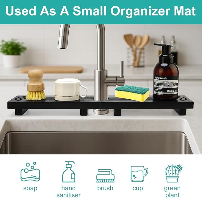 Large Kitchen Sink Faucet Mat Black Wooden Bathroom Tray Faucet Splash Guard Protectors for Kitchen Sink Counter Accessories Wood Risers Pedestal Stand Sink Drip Catcher Around Behind Faucet Mats
