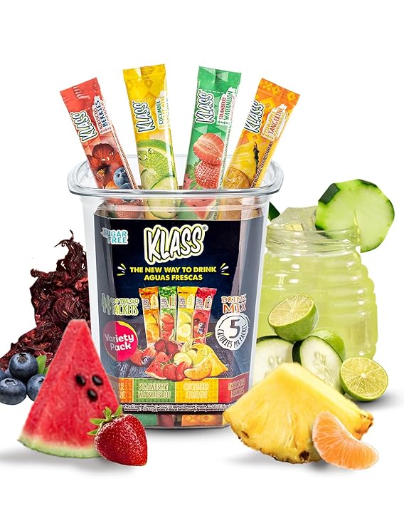 Klass Aguas Frescas Powdered Drink Mix | 44 Sugar Free Powder Packets | Flavors - Cucumber Limeade Pineapple Tangerine Strawberry Watermelon & Hibiscus Berries - Water Enhancer To Go!
