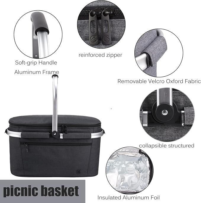 ALLCAMP Picnic Basket - 32L Insulated Cooler, Thickening Foldable Picnic Basket with Removable Baskets & Sewn-in Frame, Basket for House Warming Gifts New Home(Jet Black)