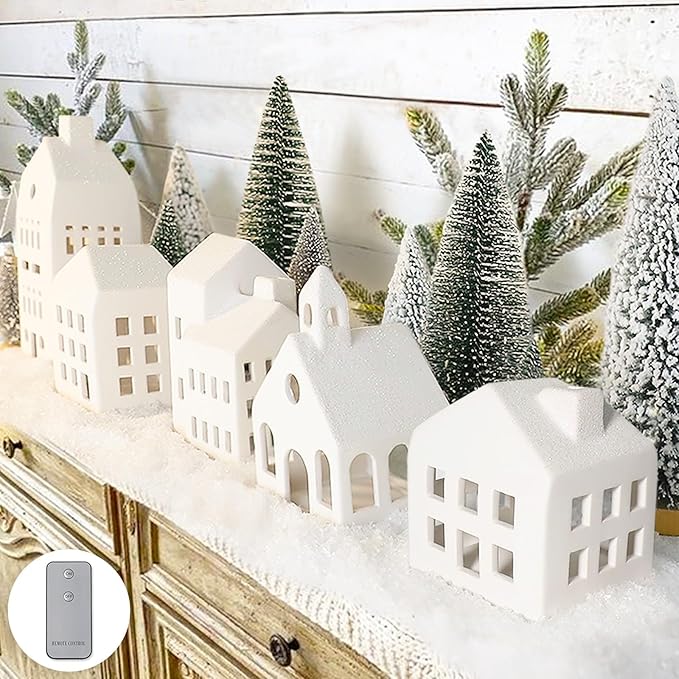 Christmas Decorations - Christmas Village Sets of 5 Lighted Ceramic Houses with Remote Control & 9 Trees - Indoor White Xmas Holiday Rustic Unique Decor for Home Table Room Farmhouse Decoration
