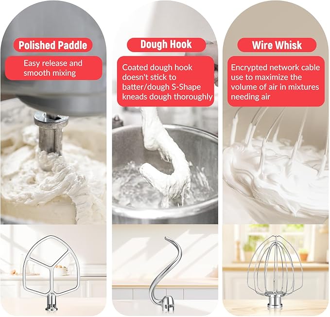 Kitchen Mixers Accessories for KitchenAid Mixer, 6 QT Dough Hook K256WW Wire Whip and Flat Blade Paddle Stainless Steel Attachments for Kitchen aid 5.5-6 Quart Tilt-Head Aid Stand Mixer