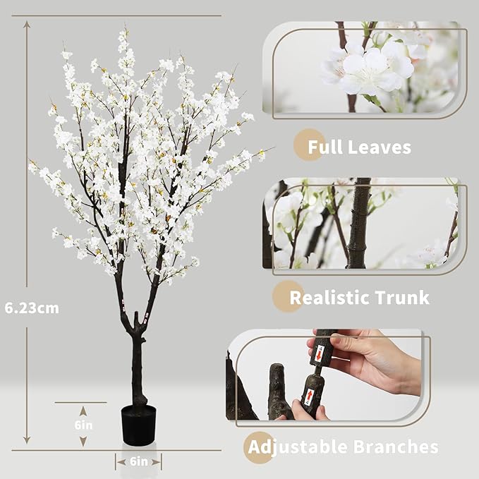 Faux White Cherry Blossom Tree 6ft(74in) Tall Artificial Plant Home Decor Handmade Natural Fake White Flower Tree for Wedding Realistic Silk Cherry Plant in Pot for Living Room,Office,Outdoor Decor.