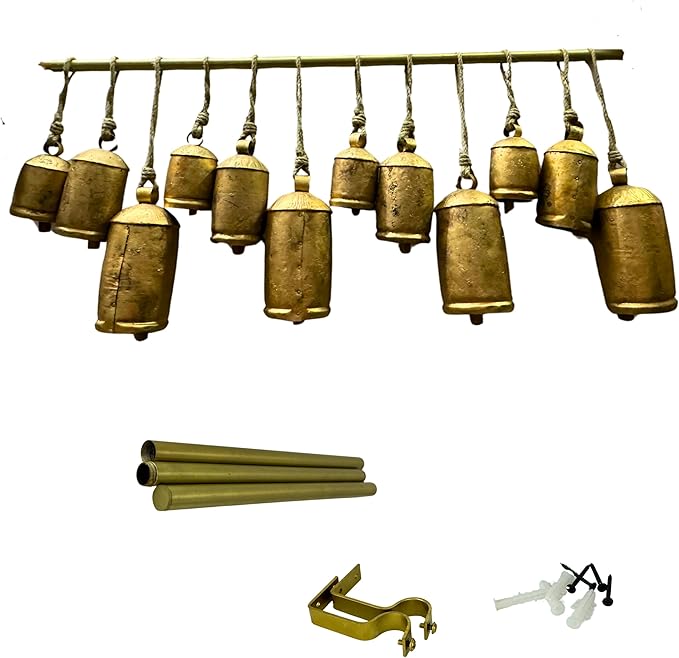 Cow Bells Giant Vintage Rustic Tin Metal Set of 12: Handmade XL Antique Brass Decor for Holidays, Swiss Souvenirs, Rustic Christmas Decor on Jute Rope
