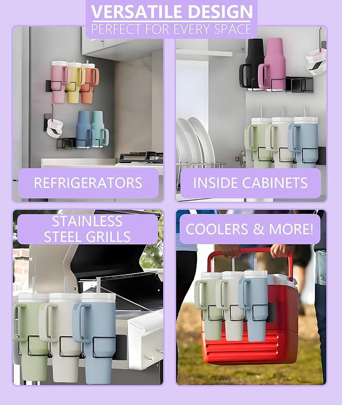 Magnetic Cup Holder for Tumblers - Heavy Duty Fridge Organizer with Non-Slip Base, Fits 30oz/40oz Cups, Space Saving Kitchen Accessory (Black)