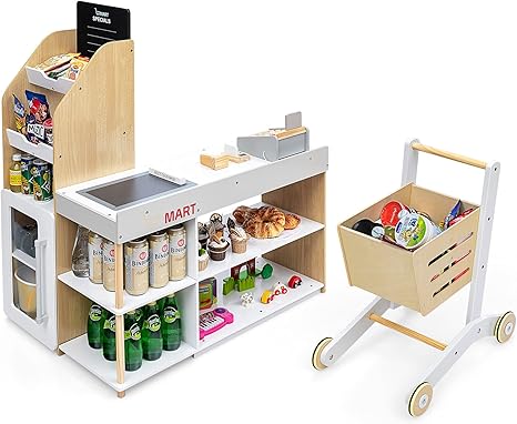 INFANS Kids Wooden Grocery Store Playset, Supermarket Toy Set with Cash Register Stand, Shopping Cart, Blackboard, Wooden Coins, Grocery Store Marketplace Pretend Play for Toddlers