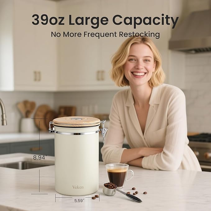 Veken Coffee Canister, 39OZ Large, Airtight Stainless Steel Food Storage Container for 2.2lbs Coffee Beans, Ground, Sugar, Tea, Flour, Rice, Cereal, Cookies Jars, Bar Accessories & Gifts, Cream