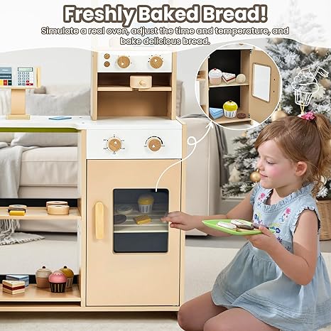 24 Pcs Pretend Play Coffee Shop, Kids Grocery Store Set, Wooden Drive-Thru Window, Coffee Maker, Oven, Cash Register, Bakery Toys Food Accessories Gift for Boys Girls 3+ Years Old