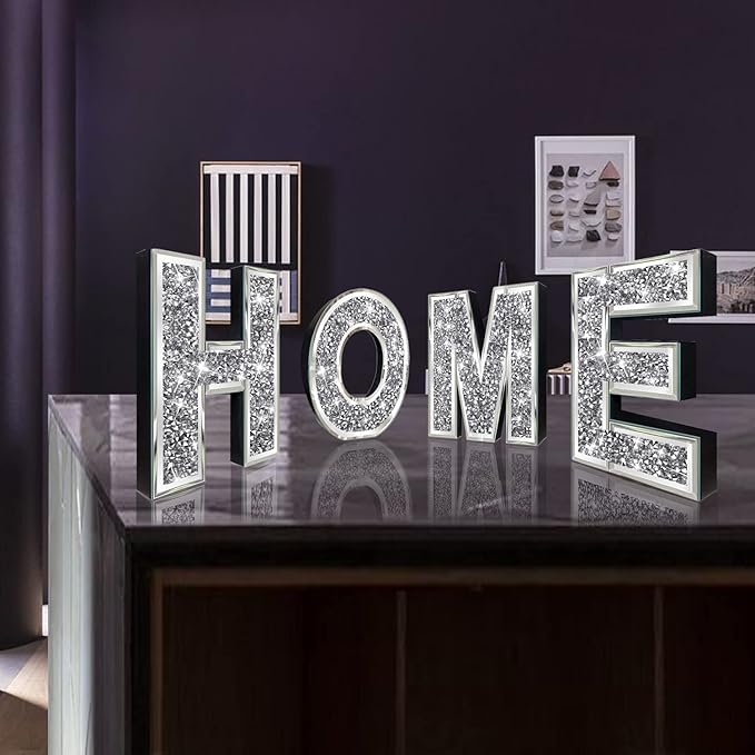 4 pcs Independent Letters Home.Glam Crystal Diamond Letters.Silver Mirror Glass Home Decoration for Wall, Fireplace, Bookshelf and Table.