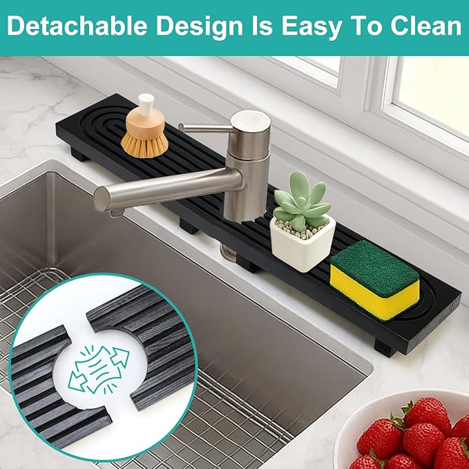 Large Kitchen Sink Faucet Mat Black Wooden Bathroom Tray Faucet Splash Guard Protectors for Kitchen Sink Counter Accessories Wood Risers Pedestal Stand Sink Drip Catcher Around Behind Faucet Mats