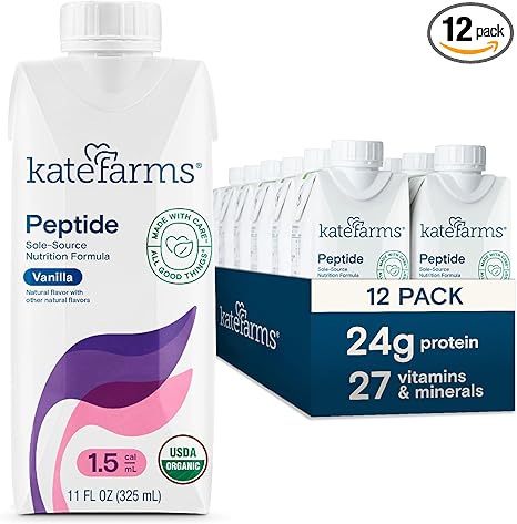 KATE FARMS Organic Adult Peptide 1.5 Formula, Vanilla, Sole-Source, Hydrolyzed Plant-Based Nutrition for Oral or Tube Feeding, 11 Fl oz (12 Pack)