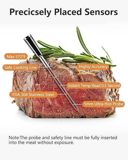 Digital Meat Cooking Thermometer with 2 Probes, Wireless Bluetooth Smart Instant Read with App Control, High-Temperature Resistant Oven Thermometer for BBQ Smoker Rotisserie, Grilling Gifts for Men