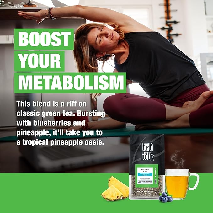Tiesta Tea - Pineapple Blues, Loose Leaf, Blueberry Pineapple Green Tea, Premium Tropical Blend, Medium Caffeinated, Brews Up to 200 Cups, 16oz Resealable Bulk Pouch