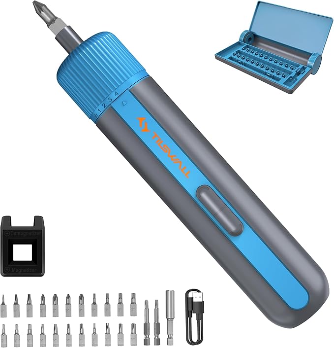 Tilswall 4V Cordless Electric Screwdriver 25pc S2 Steel Bits,Blue Mini Power Screwdriver with 4-Level Torque Control,10N.m/260 RPM,2200mAh Battery & USB-C Charging,for DIY and Home Repairs