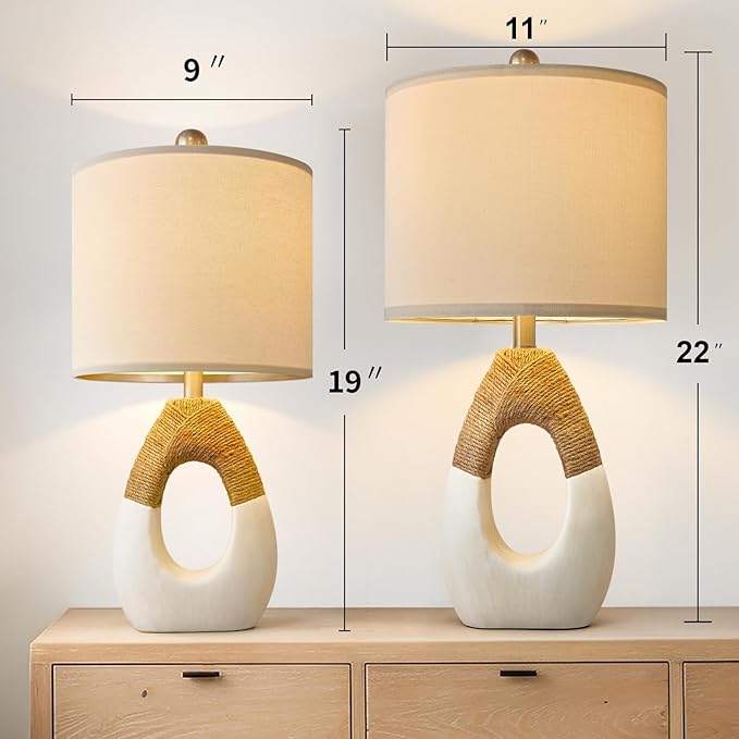 OYEARS 22” Boho Table Lamps for Bedroom Living Room Upgraded Set of 2 Medium Farmhouse Rattan Table Lamps, Rustic Home Decoration Nightstand Bedside Lamp for Office (Not Include Bulbs)