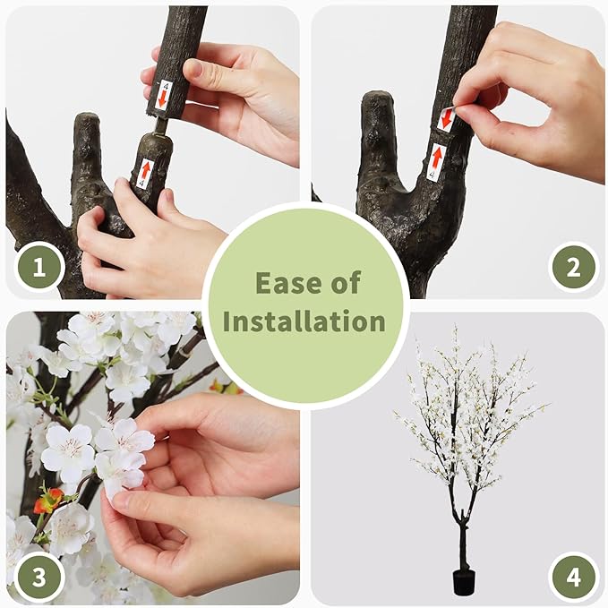 Faux White Cherry Blossom Tree 6ft(74in) Tall Artificial Plant Home Decor Handmade Natural Fake White Flower Tree for Wedding Realistic Silk Cherry Plant in Pot for Living Room,Office,Outdoor Decor.