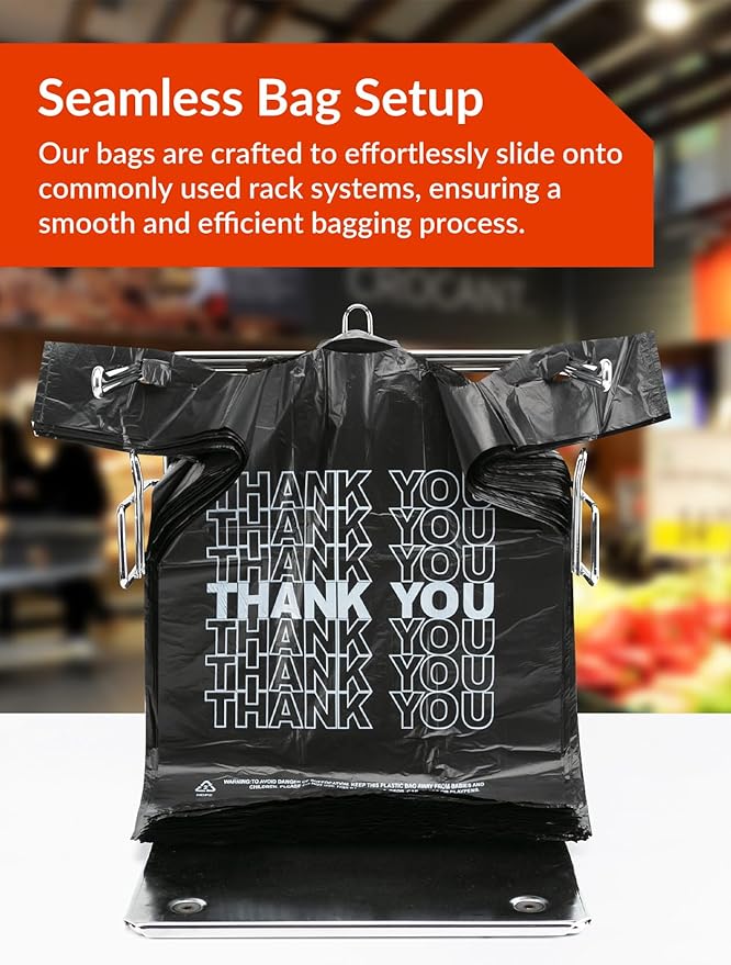 300 Count Thank You Plastic Bags, 12" x 6" x 22", 15 Mic Black Grocery Bags with Handles, Ideal for Restaurants, Retail, Grocery Stores, Takeout, Convenience Stores
