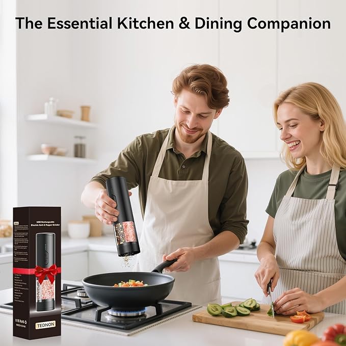 2 in 1 Electric Salt and Pepper Grinder Set, USB Rechargeable, Automatic Salt and Pepper Mill Shakers with LED Light, Battery Display, Adjustable Coarseness, Ideal for Kitchen Outdoor BBQ Gift