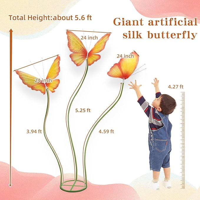 3Pcs Large Silk Butterfly Decorations,Big Butterfly Decoration with Standing Base,Mariposas Grandes Para Decoracion for Wedding Birthday Party Decor Ideal for Home and Event Decorations(Red Yellow)