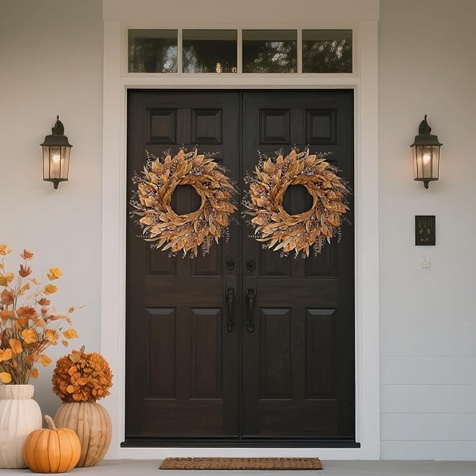 26'' Eucalyptus Wreath for Front Door - Autumn Large Artificial Eucalyptus Outdoor Wreath for Porch, Window,Farmhouse,Home,Holiday,Hanging Fall Decorations (Orange)