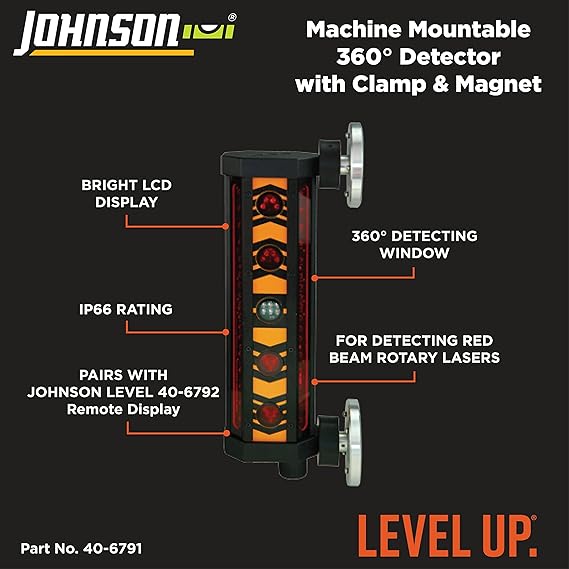 Johnson Level & Tool 40-6791 Machine Mountable 360 Degree Detector with Clamp and Magnet, 360°, Red Beam, 1 Laser Detector