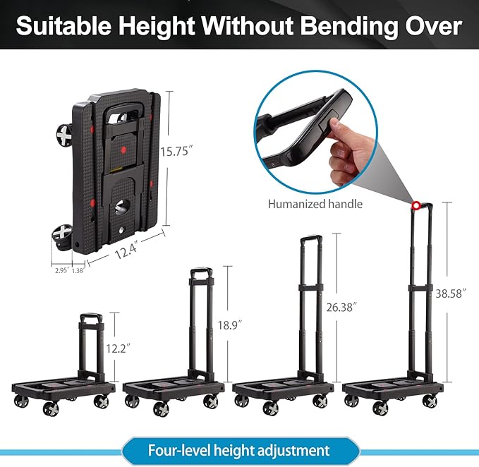 Folding Hand Truck Lightweight Hand Truck Dolly Foldable,Luggage cart with 4 Rotate Wheels, Utility Cart with Adjustable Handle,Collapsible Dolly for Moving-Black